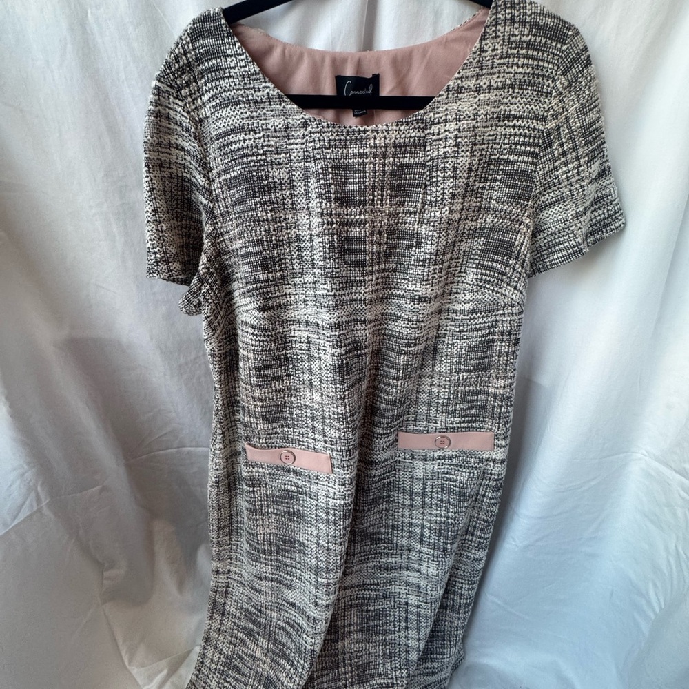 Connected Apparel Tweed Midi Dress with Pink Details